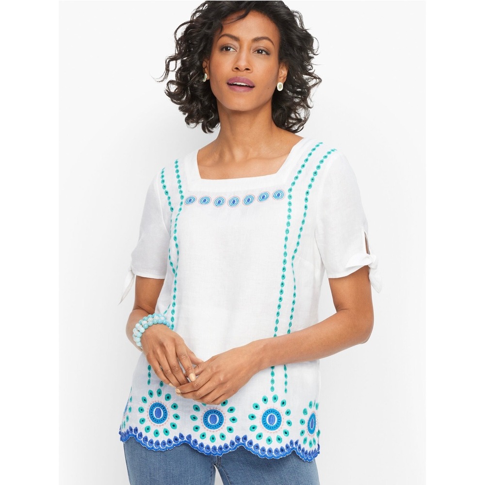 Talbots Womens White Linen Cotton Embroidered Eyelet Square Neck Top Medium